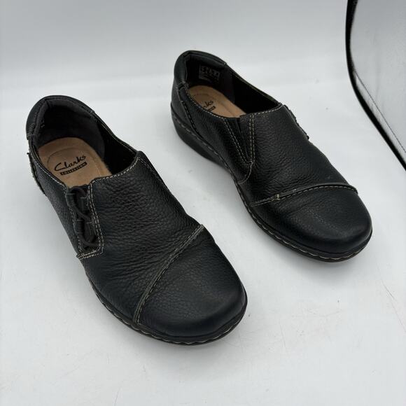 Clarks Collection‎ Loafers Womens Size 7 Slip On Black Wedge Pebble - Picture 1 of 9